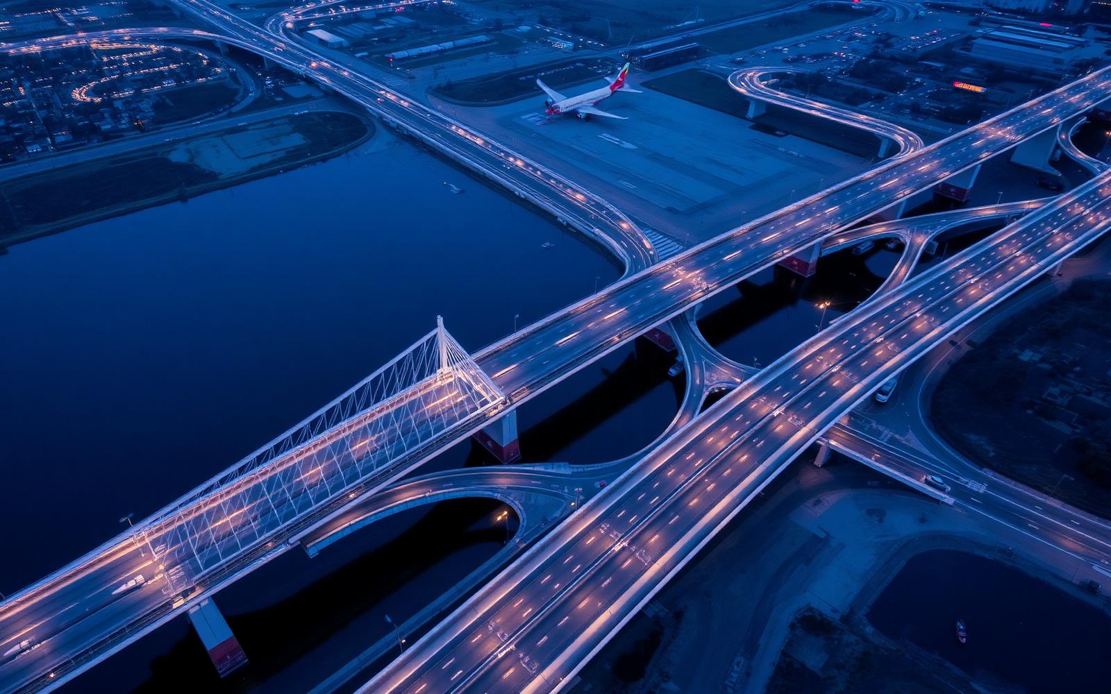 Aerial view of modern highway and bridge infrastructure at dusk